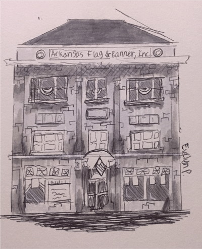 An original Evelyn Pittman drawing of the FlagandBanner.com building