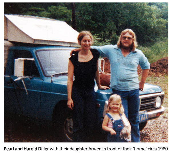 Pearl and Harold Diller with their daughter Arwen in front of their home