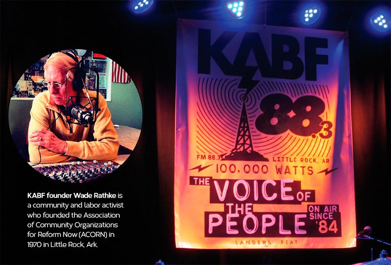 Wade Rathke sitting at the soundboard of KABF