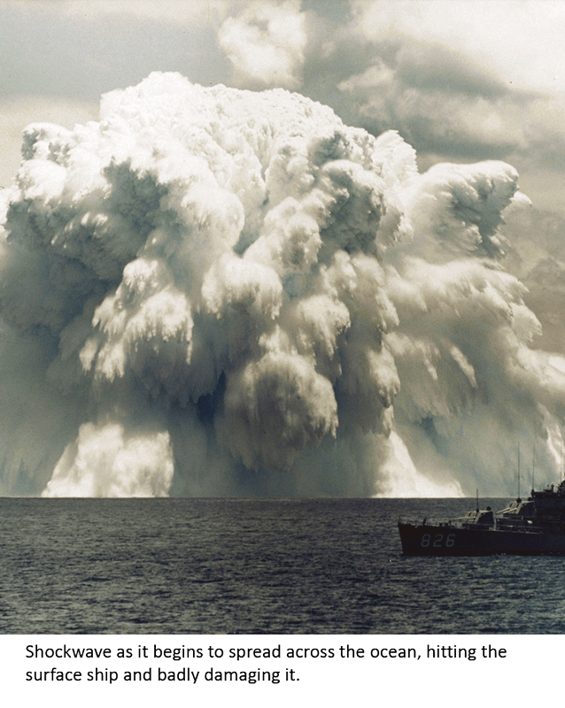 Shockwave as it begins to spread across the ocean, hitting the surface ship and badly damaging it. 