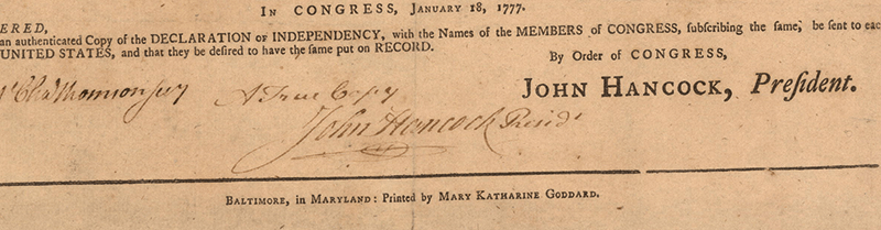 A copy of the Declaration of Independence with Katharine Goddard's mark