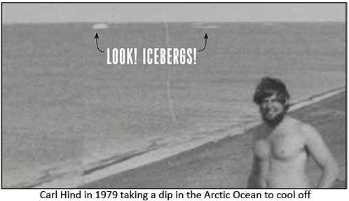 Photo of Carl Hind in 1979 taking a dip in the Arctic Ocean to cool off