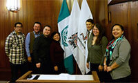 From left to right: Gordon Grant from the Musqueam Nation, Richard Baker from the Squamish Nation, Morgan Guerin, also from Musqueam, Charlene Aleck from the Tsleil-Waututh Nation, Mayor Gregor Robertson, Deborah Baker from the Squamish Nation, and Michelle George from the Tsleil-Waututh Nation. (City of Vancouver)