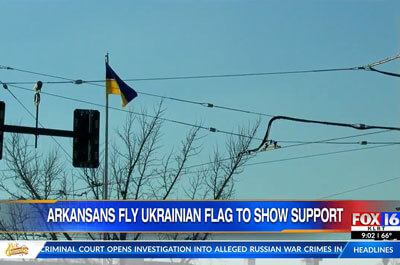 A Ukraine flag flies in the Argenta Square in North Little Rock, AR / Fox 16