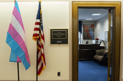 A transgender pride flag stands outside of Sen. Bernie Sanders' office in Washington / Senator Bernie Sanders Office