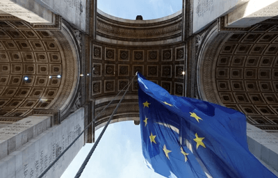 The EU flag flying below the Arc de Triomphe (Reuters)