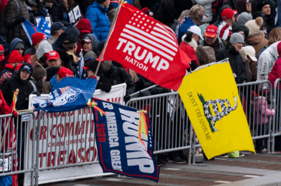 Gadsden flags fly at a protest Wednesday at the Capitol. Bill Clark/CQ-Roll Call, Inc via Getty Images