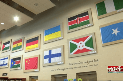 World flags hanging at Harrisburg High School (Kelo)