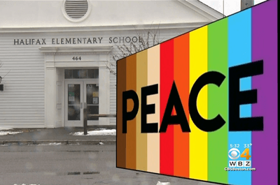 Halifax Elementary School and the Peace Flag (Screenshot of CBS Boston)