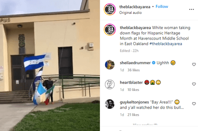 Woman captured on film removing Latin American flags from elementary school flagpole during Hispanic Heritage Month (Credit: theblackbayarea)